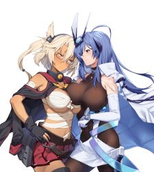 Rule 34 | 2girls, :3, absurdres, ahoge, asymmetrical docking, azur lane, bare shoulders, black gloves, black legwear, blue eyes, blue hair, blush, bodystocking, breast press, breasts, budget sarashi, cannon, capelet, cleavage, closed mouth, clothing cutout, coat, coat on shoulders, collar, commentary, commission, confrontation, cowboy shot, crossover, dark-skinned female, dark skin, dress, elbow gloves, english commentary, face-to-face, glasses, gloves, grey-framed eyewear, hair between eyes, hand on own hip, headgear, highres, kantai collection, large breasts, long hair, midriff, miniskirt, multiple girls, musashi (kancolle), navel, neckerchief, new jersey (azur lane), partially fingerless gloves, pleated skirt, pointy hair, rectangular eyewear, red eyes, red skirt, rivals, sakuramon, sarashi, second-party source, semi-rimless eyewear, shinidei, side cutout, sidelocks, simple background, skirt, smile, standing, thighhighs, two side up, underboob, very long hair, white background, white coat, white dress, white gloves, yellow neckerchief, zettai ryouiki