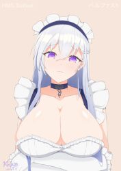 Rule 34 | 1girl, 2022, absurdres, arms under breasts, artist name, azur lane, belfast (azur lane), breasts, broken, broken chain, chain, character name, choker, cleavage, commentary request, frilled gloves, frills, gloves, hair between eyes, highres, huge breasts, khaos (kamimaetokito), long hair, looking at viewer, maid headdress, purple eyes, shiny skin, simple background, solo, upper body, white gloves