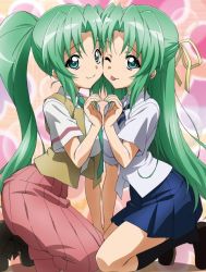 Rule 34 | 2girls, :3, ;p, abe tomoyuki, aqua eyes, arm support, black socks, boots, breast press, breasts, cheek-to-cheek, from side, full body, green hair, hair ribbon, half updo, heads together, heart, heart background, heart hands, heart hands duo, high ponytail, higurashi no naku koro ni, kneehighs, kneeling, large breasts, leaning forward, light particles, loafers, long hair, long skirt, long sleeves, looking at viewer, miniskirt, multiple girls, necktie, no naku koro ni (series), official art, one eye closed, open clothes, open vest, parted bangs, pleated skirt, ponytail, ribbon, ryuukishi07, school uniform, shirt, shoes, short sleeves, siblings, sidelocks, sisters, skirt, socks, sonozaki mion, sonozaki shion, striped, symmetrical docking, symmetry, tongue, tongue out, twins, very long hair, vest, wing collar