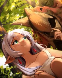 Rule 34 | 1girl, absurdres, animal, bare shoulders, collarbone, commentary, earrings, english commentary, frieren, green eyes, hair between eyes, highres, jewelry, khyle., long hair, pointy ears, solo, sousou no frieren, tank top, white hair, white tank top
