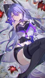 Rule 34 | 1girl, absurdres, acheron (honkai: star rail), arm up, armpits, bandaged leg, bandages, black choker, black gloves, black shorts, boots, breasts, choker, cleavage, coat, coattails, commentary request, detached sleeves, flower, gloves, hair over one eye, highres, holding, holding sword, holding weapon, honkai: star rail, honkai (series), knees up, long hair, midriff, multicolored hair, navel, partially submerged, purple eyes, purple hair, red flower, scabbard, sheath, sheathed, short shorts, shorts, single bare shoulder, sirom, solo, stomach, streaked hair, sword, thigh boots, twitter username, water, water drop, weapon, white coat