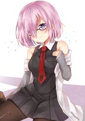 Rule 34 | 1girl, bad id, bad pixiv id, black dress, black pantyhose, breast pocket, collared dress, commentary request, dress, eyes visible through hair, fate/grand order, fate (series), glasses, hair over one eye, looking at viewer, mash kyrielight, necktie, pantyhose, pleated dress, pocket, print necktie, purple eyes, purple hair, red necktie, shikino (sikinonono), short hair, simple background, sitting, sleeveless, sleeveless dress, smile, solo, wariza, white background