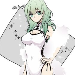Rule 34 | 1girl, alternate costume, breasts, byleth (female) (fire emblem), byleth (fire emblem), china dress, chinese clothes, cleavage, cleavage cutout, closed mouth, clothing cutout, commentary, covered navel, cowboy shot, dress, earrings, fire emblem, fire emblem: three houses, green eyes, green hair, grey background, hair between eyes, hand on own hip, ijiro suika, jewelry, large breasts, long hair, looking at viewer, nintendo, pelvic curtain, side slit, simple background, sleeveless, sleeveless dress, solo, twitter username, white background, white dress