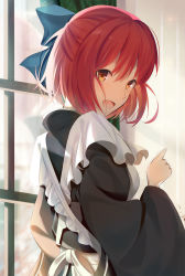 Rule 34 | 1girl, apron, back, black kimono, blue bow, bow, commentary, dog-run, frilled apron, frills, hair between eyes, hair bow, half updo, indoors, japanese clothes, kimono, kohaku (tsukihime), looking at viewer, looking back, maid, maid apron, open mouth, red hair, short hair, smile, solo, tongue, tsukihime, upper body, wa maid, white apron, wide sleeves, window, yellow eyes