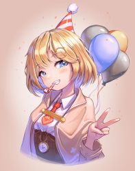Rule 34 | 1girl, absurdres, balloon, blue eyes, blush, breasts, capelet, collared shirt, confetti, cropped torso, hair ornament, happy birthday, hat, high-waist skirt, highres, hololive, hololive english, medium breasts, medium hair, party hat, party horn, peaceablecolt, shirt, shirt tucked in, skirt, smile, solo, v, virtual youtuber, watson amelia