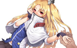 Rule 34 | 1boy, 1girl, azur lane, black gloves, black skirt, blonde hair, blush, capelet, cleveland (azur lane), covering own mouth, dutch angle, fingerless gloves, gloves, jewelry, long hair, looking at viewer, object9991, one side up, pleated skirt, red eyes, ring, skirt, sleeves rolled up, solo focus, wedding band