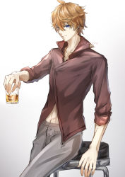 Rule 34 | 1boy, ahoge, alcohol, arm support, artist name, blue eyes, closed mouth, collarbone, collared shirt, commentary request, cowboy shot, crossed bangs, cup, earrings, fuyuni0307, genshin impact, gradient background, grey background, grey pants, hair between eyes, hand up, highres, holding, holding cup, ice, ice cube, jewelry, looking at viewer, male focus, orange hair, pants, red shirt, shirt, short hair, signature, single earring, sleeves rolled up, smile, solo, standing, stomach, stool, tartaglia (genshin impact), twitter username, white background
