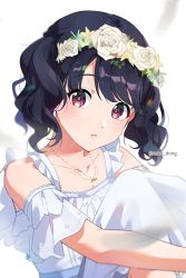 Rule 34 | 1girl, banned artist, bare shoulders, black hair, collarbone, commentary request, dress, flower, flower wreath, fukumaru koito, hair flower, hair ornament, highres, idolmaster, idolmaster shiny colors, jewelry, knees up, looking at viewer, medium hair, necklace, off-shoulder dress, off shoulder, purple eyes, sake dong, solo, sundress, swept bangs, twintails, white background, white dress