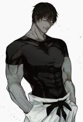 Rule 34 | 1boy, black hair, covered abs, fushiguro touji, gnb01, greyscale, hands in pockets, highres, jujutsu kaisen, looking at viewer, male focus, monochrome, muscular, muscular male, scar, scar on face, scar on mouth, short hair, short sleeves, skin tight, solo