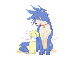 Rule 34 | 2boys, animalization, ascot, blue eyes, blue hair, blush, cat, closed eyes, collar, commentary request, dog, dog tags, full body, galo thymos, green cat, green hair, heart, highres, kome 1022, leaning on person, lio fotia, looking at another, looking down, mohawk, multiple boys, nose blush, promare, red collar, sidelocks, signature, simple background, sitting, spiked hair, tail, tail wrap, tongue, tongue out, translated, whiskers, white background