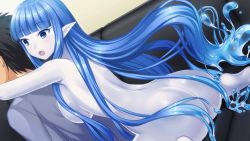 Rule 34 | 10s, 1boy, 1girl, ass, blue eyes, blue hair, breast press, breasts, butt crack, dina (monster musume), game cg, large breasts, long hair, monster girl, monster musume no iru nichijou, monster musume no iru nichijou online, pointy ears, sitting