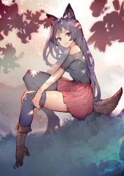 Rule 34 | 1girl, animal ear fluff, animal ears, bare shoulders, black hair, black shirt, black thighhighs, boots, breasts, brown footwear, commentary request, from side, grass, high heel boots, high heels, highres, imaizumi kagerou, long hair, looking at viewer, medium breasts, miniskirt, off-shoulder shirt, off shoulder, onion (onion and pi-natto), pleated skirt, red eyes, red skirt, shirt, short sleeves, sitting, skirt, smile, solo, tail, thighhighs, thighs, touhou, wolf ears, wolf tail, zettai ryouiki