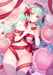 Rule 34 | 1girl, absurdres, aqua hair, breasts, candy, chocolate, chocolate heart, dragon girl, dragon horns, fate/grand order, fate (series), food, heart, heart-shaped pupils, highres, holding, holding food, horns, kiyohime (fate), long hair, lying, medium breasts, multiple horns, naked ribbon, navel, on back, pika mouse, red ribbon, ribbon, solo, symbol-shaped pupils, valentine, yellow eyes
