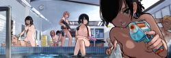 Rule 34 | absurdres, bathhouse, between breasts, bob cut, breasts, covering privates, finger on trigger, gun, highres, mixed-sex bathing, multiple boys, multiple girls, nipples, nude, nude cover, original, shared bathing, sliding doors, strap between breasts, tagme, water drop, weapon