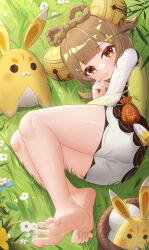 Rule 34 | 1girl, absurdres, barefoot, basket, brown eyes, child, feet, genshin impact, grass, highres, light brown hair, long hair, looking at viewer, lying, on side, shorts, toes, yaoyao (genshin impact)