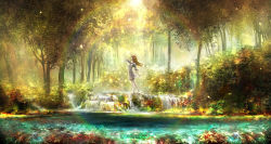 Rule 34 | 00, 1girl, absurdres, autumn, autumn leaves, barefoot, blurry, bush, dress, elf, fantasy, forest, hand on own head, highres, jpeg artifacts, leaf, lens flare, light brown hair, light particles, maple leaf, nature, original, pointy ears, pond, profile, rainbow, scenery, see-through, solo, sunlight, tree, water, waterfall, white dress