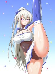 Rule 34 | 1girl, :d, armpit cutout, armpits, ass, azur lane, blue background, blue thighhighs, blush, bow, braid, breasts, casablanca (azur lane), casablanca (cheer squad on break) (azur lane), cheerleader, cleavage, cleft of venus, clothing cutout, commentary request, confetti, covered collarbone, covered erect nipples, covered navel, cowboy shot, crop top, gradient background, groin, hair between eyes, hair bow, highres, kumanosita, large breasts, leg hold, leg lift, leg up, leotard, leotard under clothes, long hair, long sleeves, looking at viewer, midriff, miniskirt, nose blush, open mouth, pleated skirt, purple bow, purple eyes, shiny skin, sidelocks, silver hair, simple background, skirt, smile, solo, split, standing, standing on one leg, thighhighs, two-tone skirt, white background, white skirt