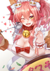 Rule 34 | 1girl, absurdres, animal ears, animal hands, apron, arm garter, bell, blush, breasts, character name, cleavage, collar, fangs, fate/grand order, fate (series), fox ears, fox tail, gloves, hair ribbon, heart, highres, holding, ladle, large breasts, long hair, looking at viewer, maid headdress, neck bell, one eye closed, open mouth, paw gloves, pink hair, red ribbon, ribbon, simple background, sll, solo, tail, tamamo (fate), tamamo cat (fate), tamamo cat (third ascension) (fate), tamamo no mae (fate/extra), white background, yellow eyes