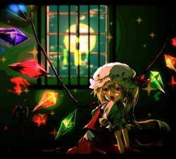 Rule 34 | 1girl, 3d, ascot, blonde hair, cloud, fang, flandre scarlet, full moon, hat, hat ribbon, iron bars, laevatein, letterboxed, looking at viewer, looking back, mob cap, moon, moonlight, night, open mouth, red eyes, ribbon, sensui chuu, short hair, short sleeves, side ponytail, skirt, skirt set, solo, sparkle, touhou, window, wings