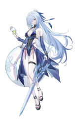 Rule 34 | 1girl, absurdres, blue gloves, blue hair, blue leotard, blue nails, blue ribbon, bridal gauntlets, commentary request, covered navel, cup, echj, elbow gloves, full body, gloves, hair ribbon, highres, holding, holding cup, holding sword, holding weapon, honkai: star rail, honkai (series), innertube, jingliu (honkai: star rail), leotard, long hair, nail polish, ribbon, sandals, simple background, solo, swim ring, sword, thigh strap, thighs, very long hair, weapon, white background, yellow eyes