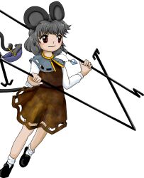 Rule 34 | 1girl, animal, animal ears, black footwear, blush stickers, brown dress, capelet, closed mouth, dowsing rod, dress, grey capelet, grey hair, jewelry, long sleeves, mouse (animal), mouse ears, mouse tail, nazrin, non-web source, official art, pendant, red eyes, shirt, shoes, short hair, smile, socks, solo, tail, touhou, transparent background, unfinished dream of all living ghost, white shirt, white socks, zun (artist)
