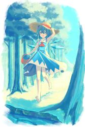 Rule 34 | 1girl, adapted costume, ascot, barefoot, blue dress, blue eyes, blue hair, brown hat, bucket, cirno, detached wings, dress, fairy, full body, hair between eyes, hat, highres, holding, holding bucket, ice, ice wings, minuo, open mouth, red ascot, short hair, sleeveless, sleeveless dress, smile, solo, straw hat, touhou, tree, water, wings