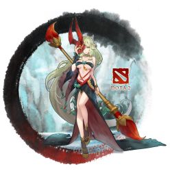 Rule 34 | 1girl, :d, bare shoulders, breasts, brown legwear, chinese clothes, cleavage, dota (series), dota 2, flip-flops, full body, genderswap, genderswap (mtf), green hair, grimstroke (dota), grin, highres, holding, holding brush, holding mask, jokanhiyou, long hair, looking at viewer, mask, navel, open mouth, pointy ears, sandals, smile, solo, strapless, tube top, white background, yellow eyes