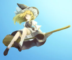 Rule 34 | 1girl, bad id, bad pixiv id, blonde hair, bloomers, bow, braid, broom, broom riding, funnyfunny, hair bow, hat, hat bow, kirisame marisa, long hair, side braid, sidesaddle, solo, touhou, underwear, witch hat, yellow eyes