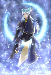 Rule 34 | 1boy, blue eyes, blue hair, boots, capelet, gloves, highres, long hair, male focus, moon, nahato (tales), namco, quatam, sitting, solo, sparkle, staff, tail, tales of (series), tales of the world reve unita, teeth