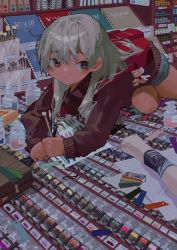 Rule 34 | 1girl, all fours, backpack, bag, closed mouth, commentary request, denim, denim shorts, dot mouth, drawing equipment, grey hair, highres, holding, holding paintbrush, long hair, long sleeves, looking at viewer, notebook, original, paint, paint tube, paintbrush, potg (piotegu), red eyes, red sweater, shorts, solo, sweater