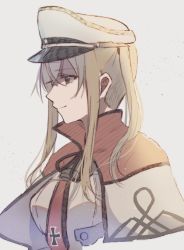 Rule 34 | 1girl, blonde hair, capelet, celtic knot, cropped torso, cross, graf zeppelin (kancolle), grey background, hair between eyes, hat, iron cross, kantai collection, long hair, military, military uniform, necktie, peaked cap, profile, rinto (rint rnt), sidelocks, simple background, smile, solo, twintails, uniform, upper body