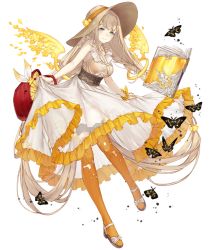Rule 34 | 1girl, absurdly long hair, basket, blonde hair, blue eyes, book, bracelet, bug, butterfly, dress, frilled dress, frills, full body, hat, bug, jewelry, ji no, long hair, looking at viewer, official art, petals, rapunzel (sinoalice), sandals, sinoalice, smile, solo, straw hat, sundress, transparent background, very long hair