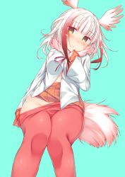 Rule 34 | 10s, 1girl, bad id, bad pixiv id, blunt bangs, blush, clothes pull, fur trim, gloves, green background, head wings, hirari, japanese crested ibis (kemono friends), kemono friends, long hair, long sleeves, looking at viewer, miniskirt, multicolored hair, no panties, orange skirt, pantyhose, pantyhose pull, pulled by self, red gloves, red hair, red pantyhose, shirt, sidelocks, simple background, skirt, solo, tail, two-tone hair, white hair, white shirt, wings, yellow eyes