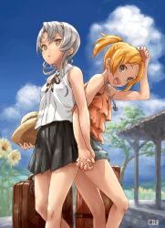 Rule 34 | 10s, 2girls, blonde hair, brown eyes, casual, coz (commit), green eyes, hand grab, hat, holding hands, interlocked fingers, jewelry, kantai collection, luggage, maikaze (kancolle), multiple girls, necklace, nowaki (kancolle), ponytail, silver hair, sky, smile, sun hat