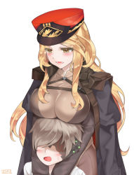 Rule 34 | 1boy, 1girl, absurdres, age difference, artist name, blonde hair, blush, bodysuit, breast rest, breast strap, breasts, breasts on head, child, commander (last origin), eh-526, eyes visible through hair, faceless, faceless male, hat, highres, hug, hug from behind, indomitable marie, jacket, jacket on shoulders, kepi, large breasts, last origin, light brown hair, mari (last origin), military hat, no eyes, onee-shota, open mouth, simple background, smile, white background, yellow eyes