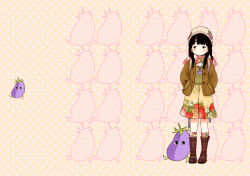 Rule 34 | 1girl, anneko anko, black hair, blush, bow, brown footwear, brown jacket, dress, eggplant, flower, food print, frown, hands in pockets, hat, hat bow, hat flower, jacket, jewelry, knit hat, long hair, necklace, original, parted bangs, print scarf, scarf, solo, standing, strawberry print