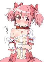 1girl absurdres blush bow choker clothes_pull cocoa_(ultra_mdk) dress dress_pull hair_ribbon highres kaname_madoka long_hair looking_at_viewer magical_girl mahou_shoujo_madoka_magica pink_dress pink_eyes pink_hair puffy_short_sleeves puffy_sleeves red_bow red_choker ribbon short_sleeves solo soul_gem twintails undressing upper_body