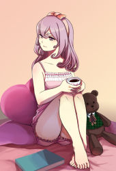 Rule 34 | 1girl, barefoot, book, camisole, closed mouth, coffee, curly hair, frills, full body, hairband, looking back, looking to the side, nuts (aya-yo), original, pillow, pink eyes, pink hair, pink shorts, shorts, sitting, solo, stuffed animal, stuffed toy, teddy bear