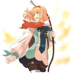 Rule 34 | 00s, ascot, blonde hair, boots, bow (weapon), gloves, green eyes, hairband, natalia luzu kimlasca lanvaldear, orange ascot, pantyhose, scarf, short hair, smile, solo, tales of (series), tales of the abyss, thigh boots, thighhighs, weapon