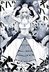 Rule 34 | 1girl, :p, arms up, aura, bonkara (sokuseki maou), boo (mario), border, breasts, brooch, cleavage, commentary, crown, dress, full body, ghost pose, greyscale, highres, jewelry, large breasts, long dress, long hair, long sleeves, looking at viewer, luigi&#039;s mansion, mario (series), monochrome, new super mario bros. u deluxe, nintendo, open mouth, petticoat, princess king boo, sharp teeth, smile, standing, super crown, teeth, tongue, tongue out, translated