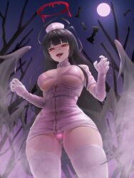 Rule 34 | 1girl, absurdres, bags under eyes, bare tree, bat (animal), belt, bikini, black hair, black wings, blood halo, blue archive, blunt bangs, breastless clothes, breasts, commentary request, dress, elbow gloves, feathered wings, fog, from below, full moon, ghost pose, gloves, gluteal fold, half-closed eyes, halloween costume, halo, hands up, hat, highres, korean commentary, large breasts, large wings, long hair, looking at viewer, looking down, low wings, moon, musclexm, night, nurse, nurse cap, open mouth, outdoors, purple bikini, red eyes, red halo, short sleeves, solo, swimsuit, teeth, thighhighs, tongue, tongue out, tree, tsurugi (blue archive), upper teeth only, very long hair, white belt, white dress, white gloves, white thighhighs, wings
