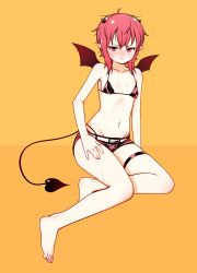 Rule 34 | 1girl, :/, ahoge, bare shoulders, barefoot, bikini, bikini top only, blush, breasts, closed mouth, collarbone, demon girl, demon horns, demon tail, demon wings, eron, fang, fang out, frown, full body, groin, hair between eyes, hand on own thigh, highres, horns, looking at viewer, messy hair, navel, nose blush, orange background, original, pink bikini, pink shorts, pointy ears, red eyes, red hair, short hair with long locks, short shorts, shorts, sitting, small breasts, solo, sweat, swimsuit, tail, thigh strap, wings