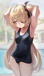 Rule 34 | 1girl, absurdres, adjusting hair, armpits, arms behind head, arms up, bare arms, black one-piece swimsuit, black ribbon, black school swimsuit, blonde hair, blurry, blurry background, blush, breasts, cameltoe, collarbone, contrapposto, covered navel, cow, cowboy shot, eyepatch, fischl (genshin impact), genshin impact, green eyes, hair ornament, hair over one eye, hair ribbon, highres, long hair, looking away, looking down, old school swimsuit, one-piece swimsuit, outdoors, pool, ribbon, school swimsuit, small breasts, solo, standing, swimsuit, torriet, two side up, very long hair, wet, wet clothes, wet swimsuit