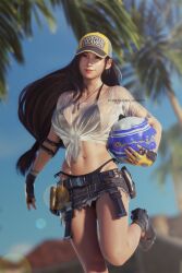Rule 34 | 1girl, 3d, armlet, baseball cap, bikini, bikini under clothes, black bikini, blitzball, blurry, blurry background, brown eyes, crop top, elbow pads, final fantasy, final fantasy vii, final fantasy vii ever crisis, fingerless gloves, frayed clothes, frayed skirt, front-tie top, gloves, hat, highres, long hair, low-tied long hair, miniskirt, navel, official alternate costume, palm tree, ria-neearts, ria (baka-neearts), see-through, see-through shirt, shirt, side-tie bikini bottom, single elbow pad, skirt, smile, solo, stomach, swimsuit, tifa lockhart, tifa lockhart (lifeguard), toned, tree, wet, wet clothes, wet shirt, whale tail (clothing), whistle, whistle around neck