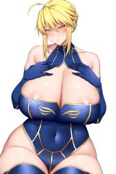 Rule 34 | 1girl, ahoge, areola slip, arind yudha, artoria pendragon (fate), artoria pendragon (lancer) (fate), bare shoulders, blonde hair, blue gloves, blue leotard, blue thighhighs, blush, braid, breasts, cleavage, cleavage cutout, clothing cutout, covered navel, elbow gloves, fate/grand order, fate (series), french braid, gloves, green eyes, hair between eyes, highleg, highleg leotard, highres, huge breasts, leotard, looking at viewer, medium hair, sidelocks, solo, thighhighs, thighs