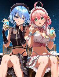 Rule 34 | 2girls, 35p (sakura miko), :d, :q, absurdres, adapted costume, ahoge, bare legs, beret, blue hair, blue nails, breasts, chair, closed mouth, crop top, cup, earrings, feet out of frame, fingerless gloves, flower, food, frilled skirt, frills, gloves, green eyes, hair flower, hair ornament, hair rings, hairclip, hat, highres, holding, holding cup, hololive, hoshimachi suisei, hoshimachi suisei (maid), ice cream, jewelry, knees together feet apart, large breasts, legs, maid headdress, multiple girls, nail polish, name tag, navel, neck ribbon, open mouth, pink hair, raised eyebrows, ribbon, sakura miko, sakura miko (new year), scrunchie, shinomu (cinomoon), short hair, sitting, skirt, sky, smile, star (sky), star (symbol), star in eye, starry sky, stomach, symbol in eye, thigh strap, tongue, tongue out, v, v-shaped eyebrows, virtual youtuber, white nails, white skirt, wrist scrunchie