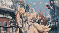 Rule 34 | 3girls, animal ears, arknights, artist request, bag, balloon, black choker, blonde hair, blue hairband, blush stickers, bow, braid, brown hair, bubble (arknights), building, cellphone, chinese commentary, choker, city, commentary, copyright name, demon horns, diner, dress, fern, ferris wheel, fox ears, fox girl, fox tail, gloves, green eyes, hairband, highres, holding, holding bag, holding phone, horn bow, horn ornament, horns, ifrit (arknights), long hair, looking at viewer, looking back, material growth, medium hair, multiple girls, multiple tails, off-shoulder dress, off shoulder, official art, open mouth, oripathy lesion (arknights), outdoors, overpass, palm tree, phone, red eyes, rhinoceros ears, selfie stick, short twintails, skyscraper, suzuran (arknights), tail, teeth, tree, twintails, watermark, waving, white dress, white gloves, white wristband, wristband, yellow eyes