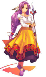 Rule 34 | 1girl, braid, brown eyes, dress, expressionless, full body, hirano katsuyuki, long hair, low-braided long hair, low-tied long hair, neige (spectral souls), official art, purple hair, shoes, solo, spectral (series), spectral souls, wand, white background, yellow dress