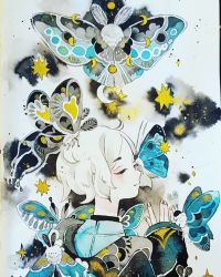 Rule 34 | 1girl, blue wings, bug, crescent moon, closed eyes, full moon, grey wings, hand up, highres, insect, long sleeves, maruti bitamin, moon, moon phases, moth, original, painting (medium), portrait, short hair, smile, solo, standing on another&#039;s head, traditional media, watercolor (medium), white hair, wings