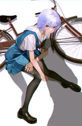 Rule 34 | 1girl, ayanami rei, bicycle, black footwear, black pantyhose, blood, blood from mouth, blood on face, blue dress, dress, drive shot, highres, injury, loafers, looking at viewer, neon genesis evangelion, pantyhose, phallic symbol, pinafore dress, purple hair, red eyes, school uniform, shadow, shirt, shoes, short hair, sitting, sleeveless, sleeveless dress, solo, tokyo-3 middle school uniform, torn clothes, torn pantyhose, v-shaped eyebrows, white shirt